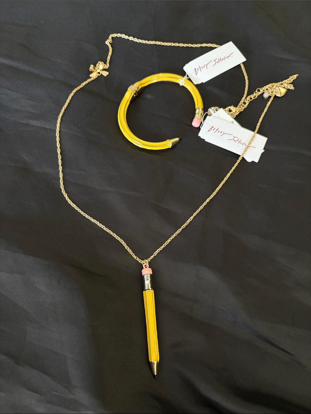 Betsey Johnson Yellow Pencil Pendant 30 inches Necklace with Matching Bangle
